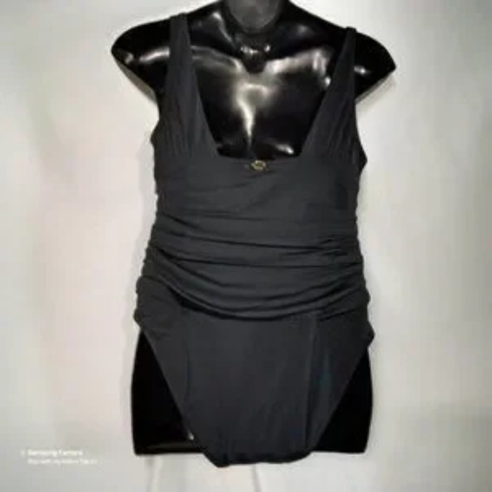 Jantzen Modest Ruched Slimming 1 Pc V-Neck Padded Bust Black Swimsuit NWT 16 - Picture 9 of 12